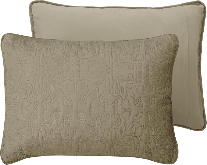 Easy-Going Reversible Quilt Set Full/Queen, Bedspread with 2 Shams | Damask-Beige/Beige, Lightweight Microfiber Bed Comforter, 1 Quilt + 2 Pillow Shams, All-Season Coverlets for Bedroom