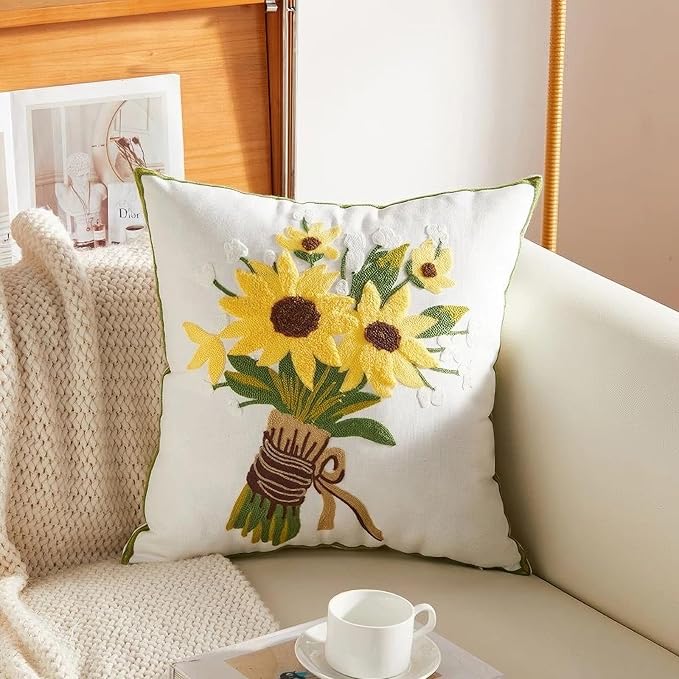 Embroidery Throw Pillow Covers Yellow Floral 18x18 Inch Decorative Cushion Case Tied Sunflowers 100% Cotton Home Decor Embroidered 45x45cm, 1 Piece
