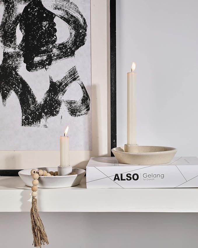 DN DECONATION Ceramic Candle Holder, Boho Candlestick Holder with Round Plate for Taper Candles, Unique Farmhouse Porcelain Candle Stick Holder for Meditation/Yoga Room Home Wedding Decor(Gray)
