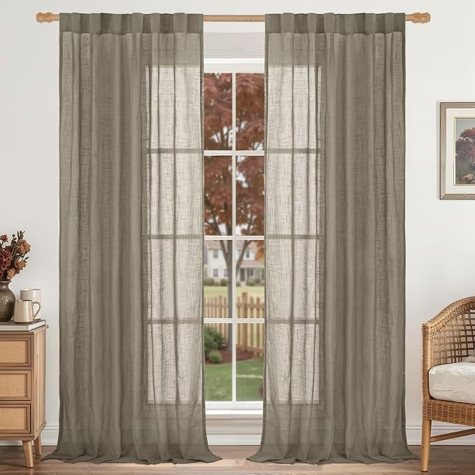 Taupe Linen Sheer Curtains 84 inch Long for Living Room, 52 x 84 Inch | Light Filtering Semi Sheer Panels, Window, Curtains for Bedroom, Sliding Glass Door, Back Tab Rod Pocket, 2 Panels