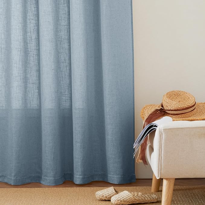 RYB HOME Thick Blue Linen Curtains 72 inches Long for Home Office | Thick Heavy Textured, Breathable, Privacy Assured, Wrinkle Resistance, Boho, Dusty Blue, W52 x L72, 2 Panels