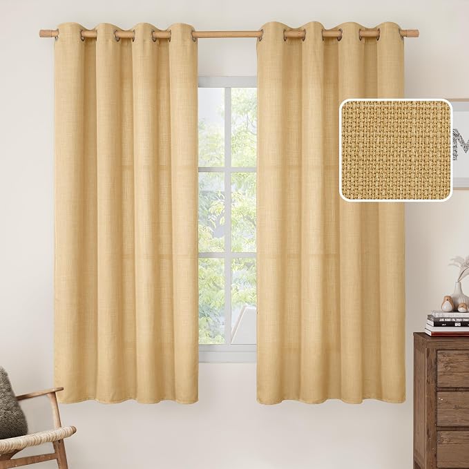 Light Filtering Faux Linen Curtains for Bedroom, Caramel Brown | Thick Linen Textured, Soft, Privacy Sheer Window Burlap Curtains, Living Room, Farmhouse, Grommet, 52 x 63 Inch, 2 Panels