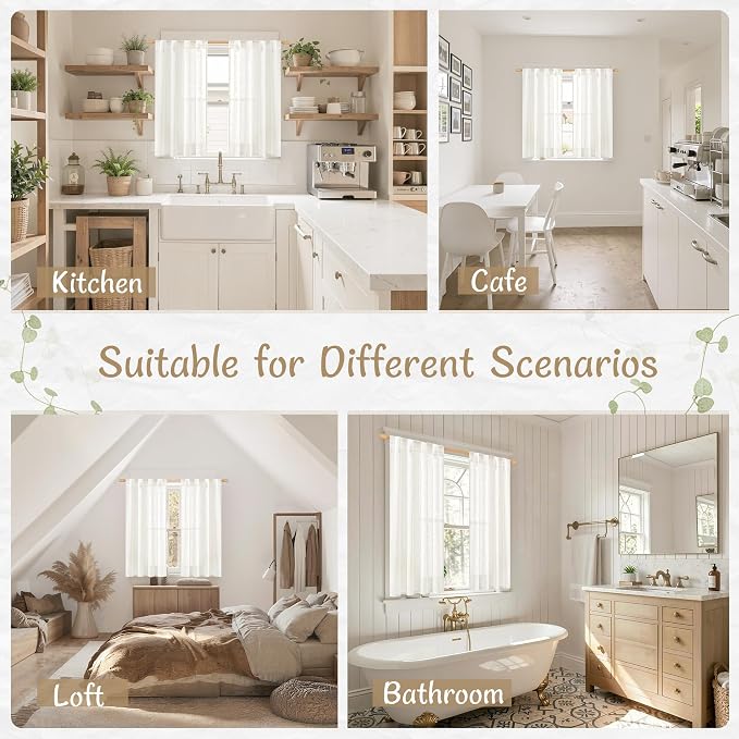 Short Linen Cafe Kitchen Curtains 30 Inch Length, Ivory Cream | Semi Sheer Light Filtering Panels, Neutral, Curtains for Small Window, Basement, Back Tab Rod Pocket, 2 Panels, 34 x 30 Inch
