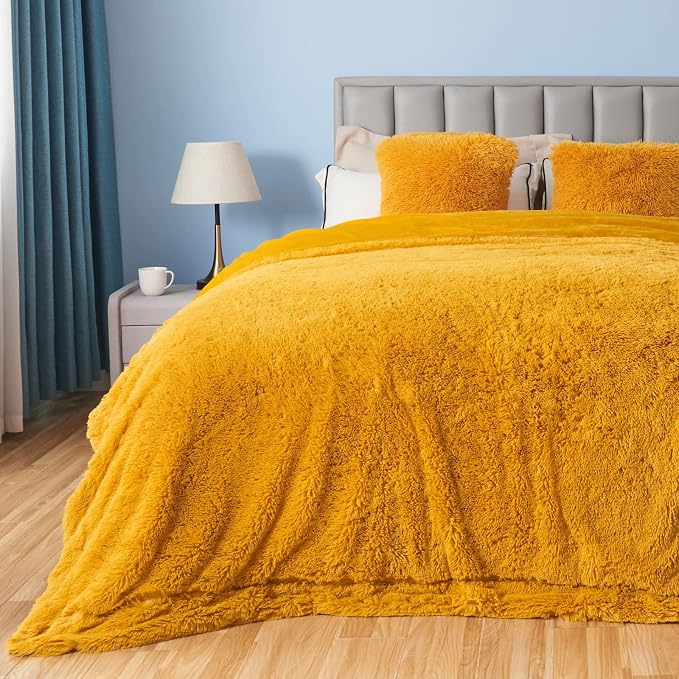 GONAAP Fuzzy Faux Fur Queen Blanket for Couch, Mustard Yellow, 90"x90" | Warm Cozy Plush Shaggy Decorative Reversible Thick Non-Heated Fleece Blanket for Sofa Bed, Gift for Women Men, All Season Use