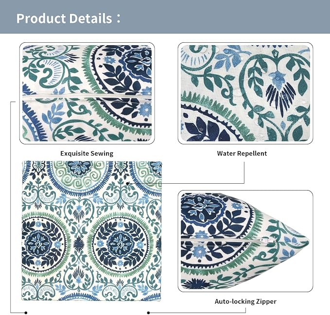 Outdoor Pillow Covers Waterproof 20x20 Inch Set of 2 Medallion Blue Decorative Outside Patio Furniture Cushion Cases Decor for Porch Garden