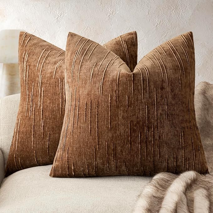 Foindtower Pack of 2 Slubby Textured Chenille Throw Decorative Pillow Covers Square Accent Solid Cushion Cover Neutral Farmhouse Pillow Case for Couch Sofa Bedroom Living Room 18x18 Inch,Dark Bronze