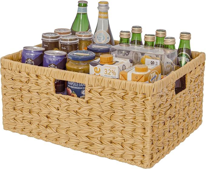 GRANNY SAYS Extra Large Wicker Baskets with Handles, Woven Baskets, 1-Pack | Plastic Waterproof Woven Baskets for Storage, Natural Storage Baskets for Shelves, Wicker Storage Baskets for Organizing
