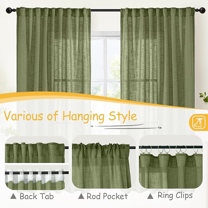 YoungsTex Olive Green Linen Curtains 40 Inch Length - Short Light Filtering Drapes Semi Sheer with Back Tab Rod Pocket for Bathroom Kitchen Window, 2 Panels, 42 X 40 Inch
