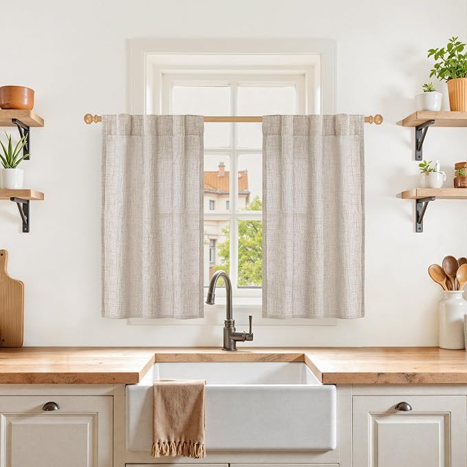 YoungsTex Small Linen Cafe Curtains 36 Inch Length for Window Over Sink | Semi Sheer Half Drapes with Rod Pocket Back Tab Natural for Bathroom Kitchen Windows, 2 Panels, 24 X 36 Inch