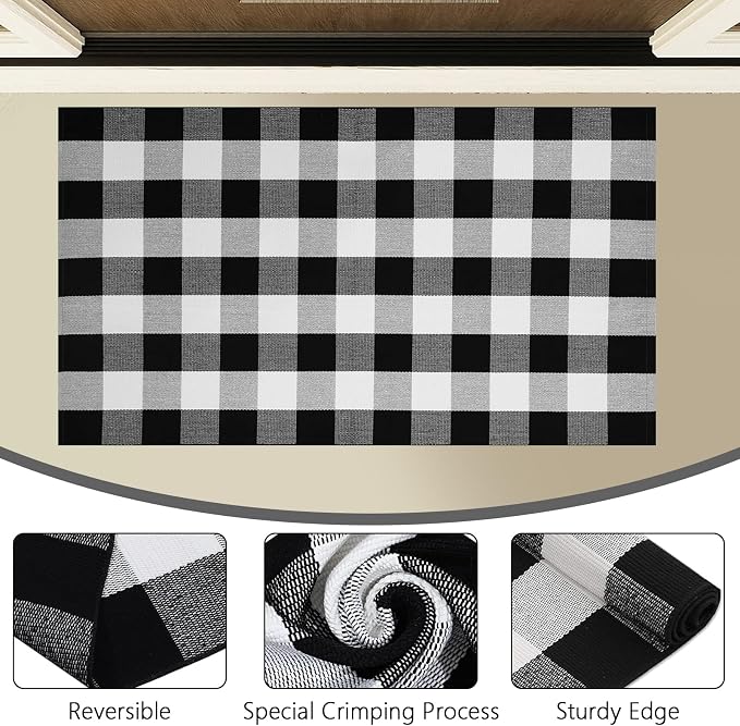 Buffalo Plaid Area Rug, Checkered Rug 3x5 Ft, Black and White Rug, Washable Cotton Mat for Front Porch, Entryway, Kitchen, Living Room, Home Decor