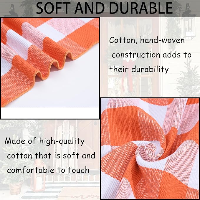 Orange and White Plaid Rug, 3' x 5' Fall Front Door Decor Mat, Cotton Washable Hand-Woven Door Mat for Layered Doormat, Autumn Halloween Thanksgiving Carpet for Porch, Entryway
