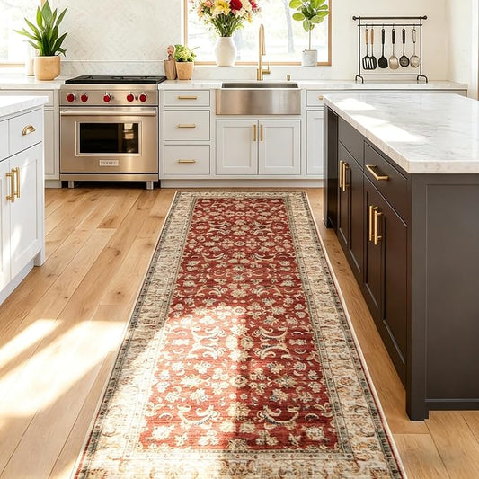 Red 2x6 Washable Runner Rug for Hallway Kitchen Bedroom Laundry Bathroom, Non Slip Low Pile Stain Resistant Soft Faux Wool, Pet & Kids Friendly