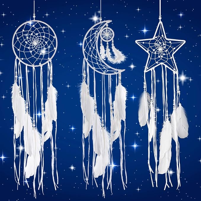 Jetec 3 Pcs Dream Catcher for Girl Star Sun Moon Decor, White