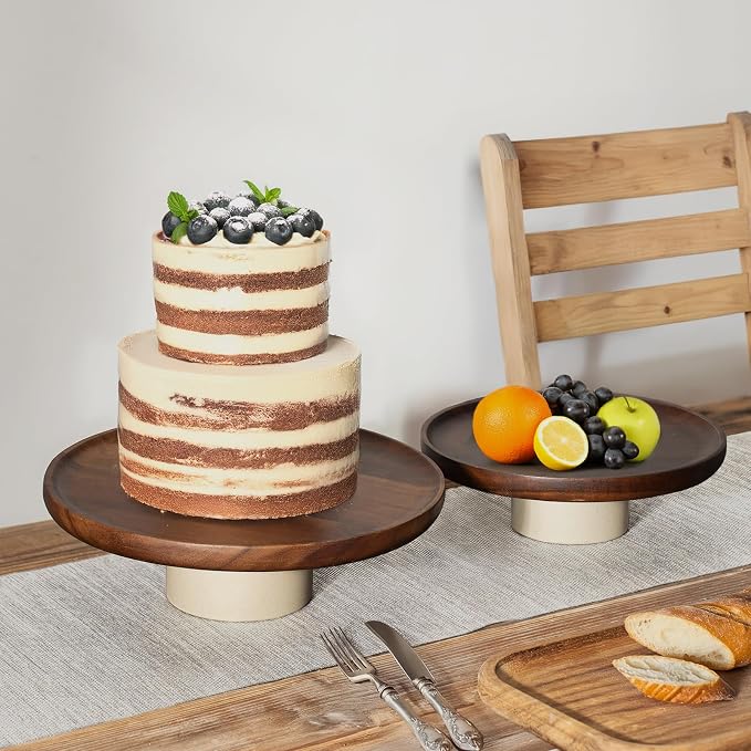 CEEFU 11 inch Rustic Acacia Wood Cake Stand Wedding Dessert Display | Natural Wooden Clay, Farmhouse Serving Stand for Cupcake Dessert Bites Display in Party, Birthday, Beautiful Kitchen Decor