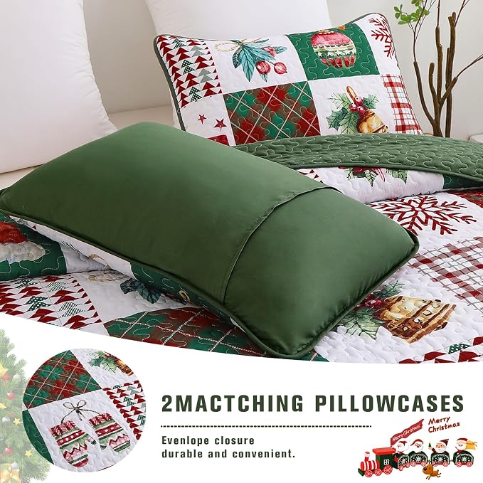 Mybedsoul Christmas Quilt Set King Size, Christmas Patchwork Bedding Set | 3 Pieces Snowflake Wreaths Pine Holiday, Red Vanilla Grid Coverlet Bedspread Coverlet with 2 Pillowcases for All Seasons