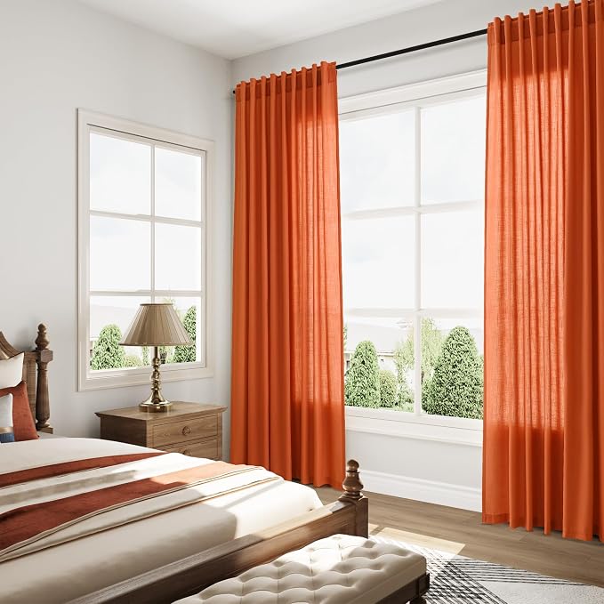 Linen Curtains, Bright Orange, 96 Inch Long | 8ft, For Living Room