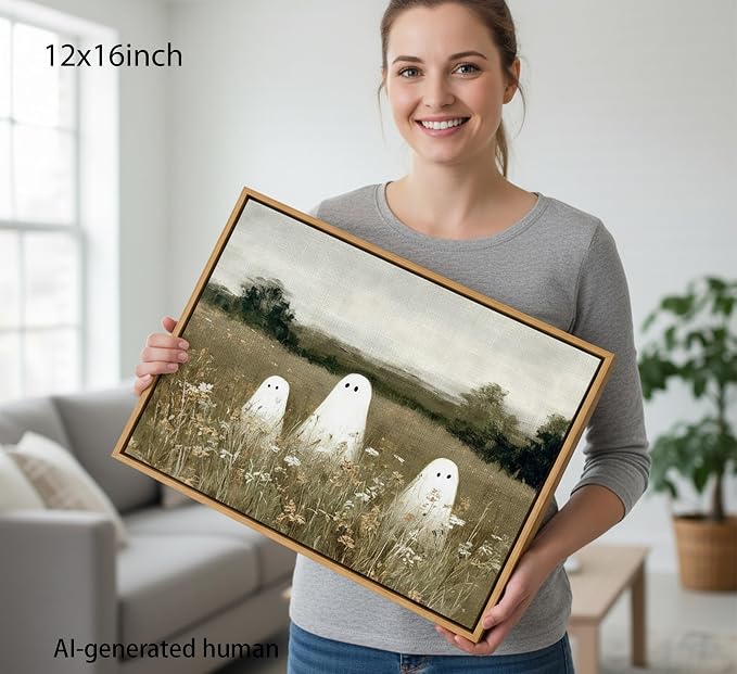 Framed-Halloween Ghost Canvas Wall Art-12x16in | Vintage Wildflowers Cute Ghost Picture Poster Print.Halloween Wall Decor for Bedroom Living Room Bathroom