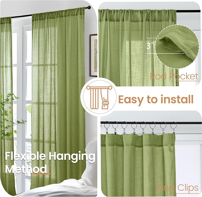BGment Green Linen Curtains 45 Inch Length - 2 Panels Set Sheer Drapes Rod Pocket for Living Room Bedroom Lightweight, 2 Panels Set, 42 X 45 Inch