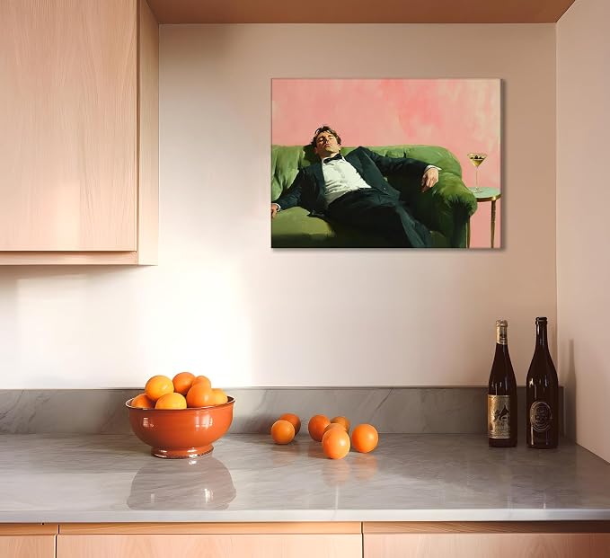 Vintage Man Canvas Wall Art Funky Victorian Men on Couch with Martini Picture Wall Decor Eclectic Cocktail Poster Trendy Bar Cart Decor Painting Print Artwork for Bar Kitchen Dining Room Decor, Framed