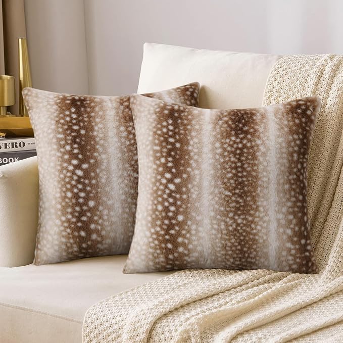 cygnus Faux Fur Deer Print Pillow Covers 20x20 | Antelope Pillow Covers Fluffy Fuzzy Animal Print Decorative Square Cushion Covers for Couch Sofa Living Room Bedroom Decor