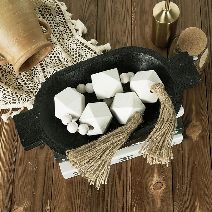 2" Octagonal Extra Large Wood Bead Garland with Tassels, 28" Long Rustic Farmhouse Wooden Beads Garland, Decorative Beads Boho Decorations for Home Table Mantle White