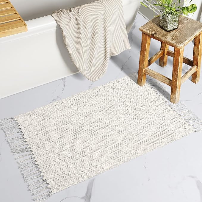 Lahome Boho Bathroom Rugs, Small 2x3 Front Door Mat for Kitchen, Washable | Indoor Entryway Area Rug Woven Cotton with Tassels, Farmhouse Non Shedding Beige Throw Low Pile Carpet for Bath Laundry
