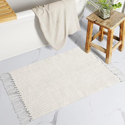 Lahome Boho Bathroom Rugs, Small 2x3 Front Door Mat for Kitchen, Washable | Indoor Entryway Area Rug Woven Cotton with Tassels, Farmhouse Non Shedding Beige Throw Low Pile Carpet for Bath Laundry