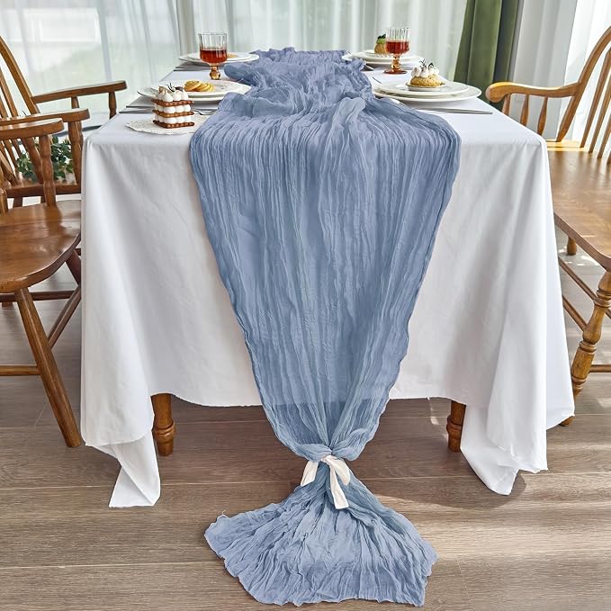 IVAPUPU Dusty Blue Table Runner 120 Inches for Birthday Party Home Decor | 6 Pcs Boho Gauze 10FT Cheesecloth Table Runners for Wedding Baby Shower Decorations Summer Garden Farmhouse