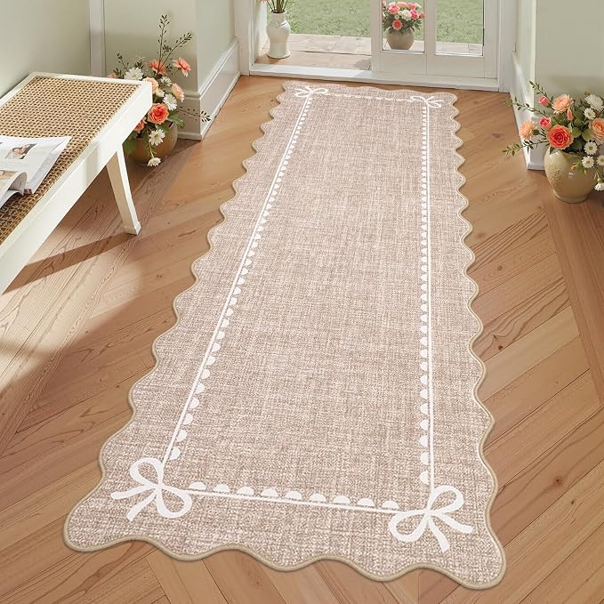 COZYLOOM Scalloped Entryway Rugs Indoor 2x6 Washable Runner Rug with Rubber Backing, Non Shedding Stain Resistant Bow Printed Rug, Low Pile Soft Solid Carpet for Kitchen, Bathroom, Bedroom, Camel