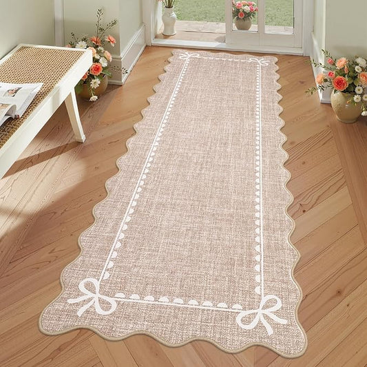 COZYLOOM Scalloped Entryway Rugs Indoor 2x6 Washable Runner Rug with Rubber Backing, Non Shedding Stain Resistant Bow Printed Rug, Low Pile Soft Solid Carpet for Kitchen, Bathroom, Bedroom, Camel