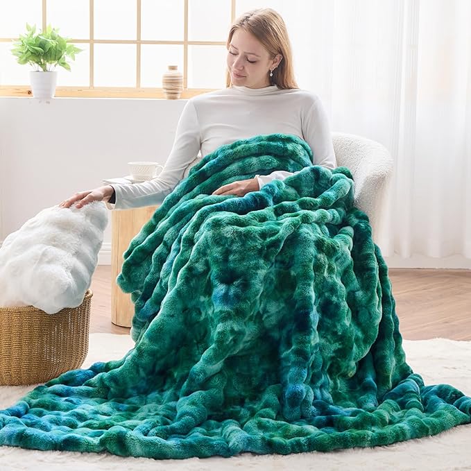 NEWCOSPLAY Faux Fur Bubble Twin Blanket for Couch, Tie-Dye Teal, 60"x80" | Fluffy Soft Thick Warm Bubble Blanket for Couch Sofa Bed 700GSM, Plush Cozy Luxury Decorative Throw, Gift for Women Men