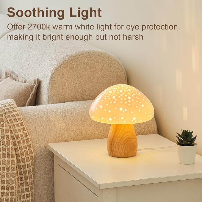 BOHON Mushroom Lamp Ceramic Bedside Table Lamp, Pink