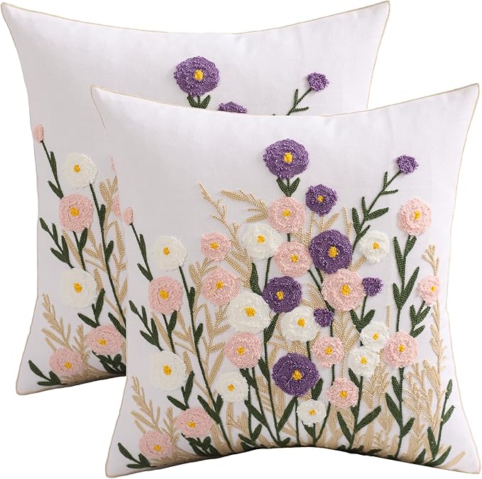 Embroidered Throw Pillow Covers 18x18 Pack of 2 Floral Pillow Covers Farmhouse Pillowcases Outdoor Garden Cushion Case Summer Decorations for Home (Purple and Pink Flower)