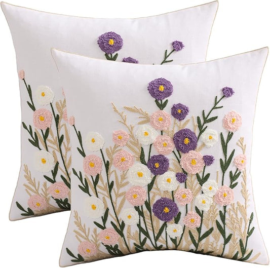 Embroidered Throw Pillow Covers 18x18 Pack of 2 Floral Pillow Covers Farmhouse Pillowcases Outdoor Garden Cushion Case Summer Decorations for Home (Purple and Pink Flower)