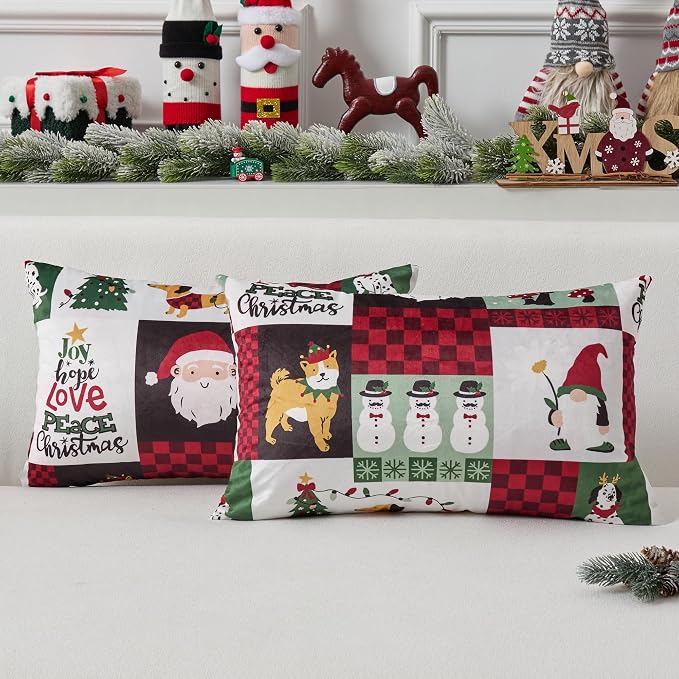 UGASA Christmas Pillow Cover 12x20 Inch 1 Pack Soft Velvet Lumbar Pillow Cover Christmas Tree Classic Plaid Pattern Printed for Couch Sofa Holiday Festivals Winter Xmas Gift, Red