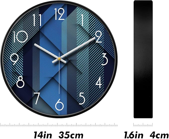 Silent Non-Ticking Analog Wall Clock, Geometric Blue Print, 14'' | Battery Operated, Modern, Metal Frame & HD Tempered Glass, Decorative for Home & Office, Bedroom, Kitchen, Living Room