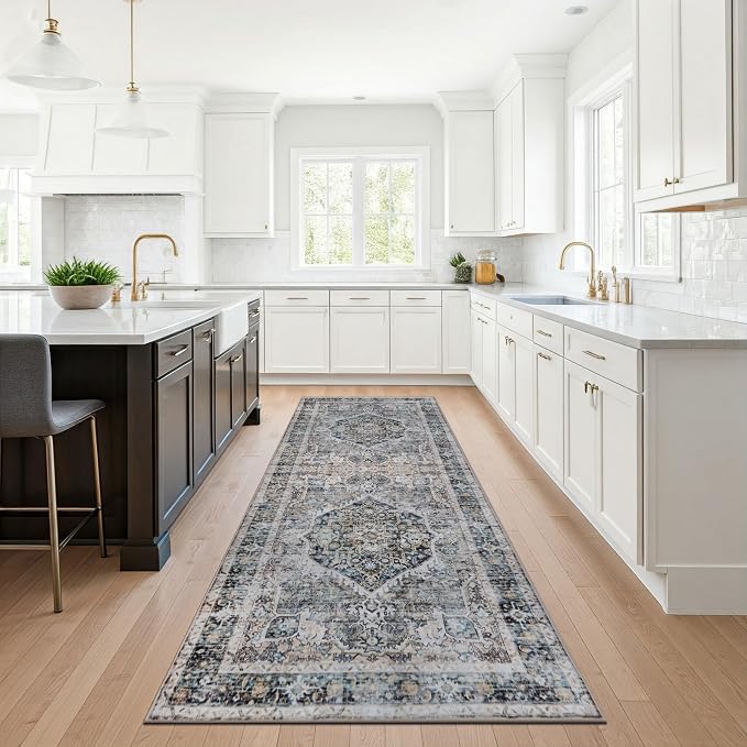Machine Washable Area Rug, Soft & Durable, Non-Slip, Stain Resistant Rug for Bedroom, Living Room, Dining Room, High Traffic Areas. (Soft Gray Blue, 2.5' X 10')
