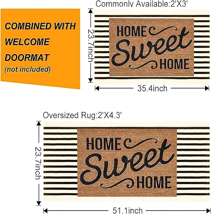 BUAGETUP Front Layered Door Mat 2'x3',Black and Beige Striped Outdoor Rug Machine Washable Cotton Outdoor Door MatEntryway Throw Rug for Indoor Entrance