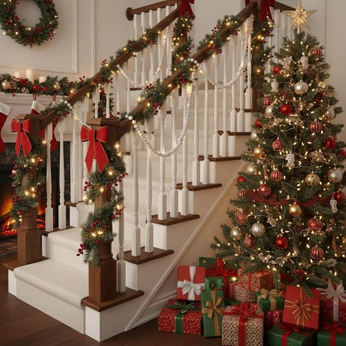 12 Feet Summer Christmas Wooden Beads Garland Round Craft Farmhouse Vintage Christmas in July Wood Bead Garlands for Xmas Supplies(White)