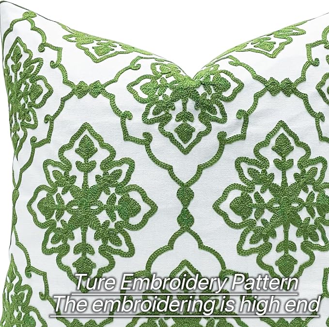 Slow Cow Embroidery Decorative Throw Pillow Cover for Couch Modern Bohemian Flower Accent Pillowcase Cushion Cover 18 X 18 Inches Green