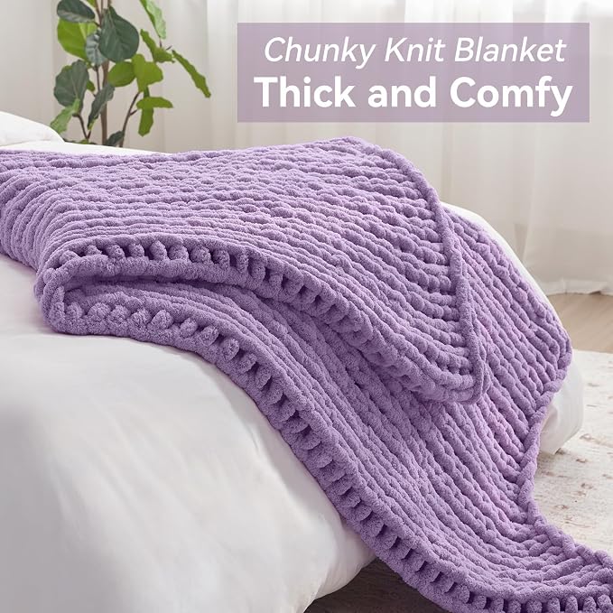 Negwoo Chunky Knit Throw Blanket, Knitted Throw Chenille Yarn, 60"*80" | Soft Thick Cable Knitted Blankets, Handmade Big Thick Blanket,Machine Washable Cute Comfy Blanket for Home Decor,Light purple