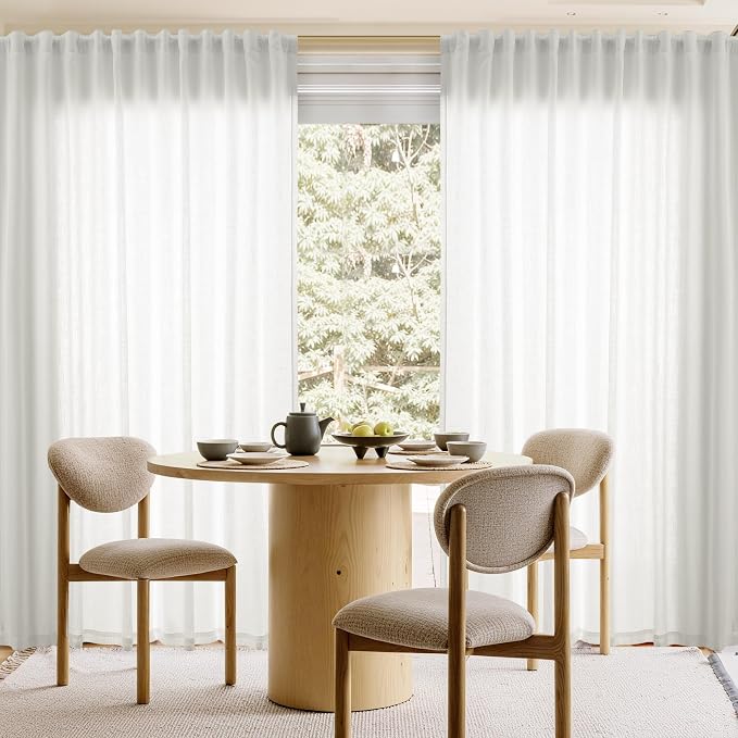 Linen Curtains 96 Inches Long for Living Room Back Tab Semi Sheer Floor to Ceiling 8ft Light Filtering Curtain Boho Farmhouse Decor Window Drapes for Bedroom 52x96 2 Panels Ivory