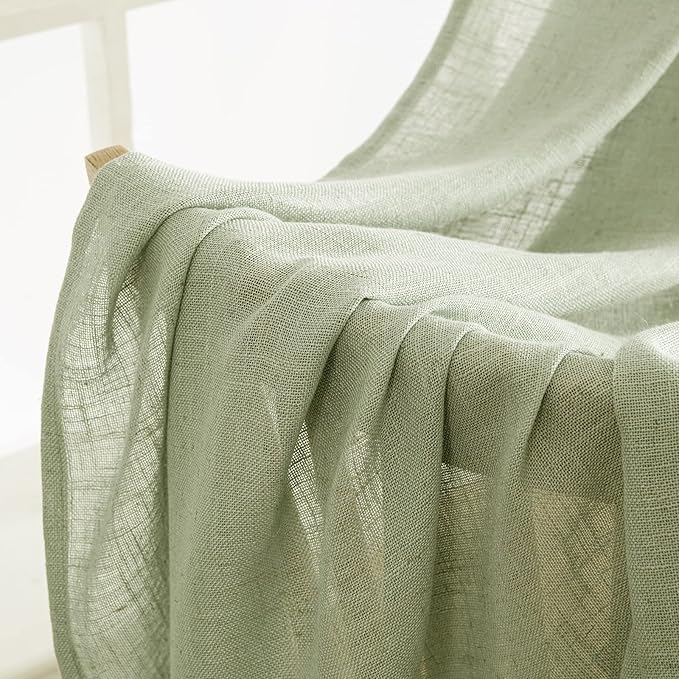 MIULEE Sage Green Linen Curtains 52x108 Inches Long for Bedroom Living Room | Soft Thick Linen Textured Window Drapes, Semi Sheer Light Filtering, Back Tab Rod Pocket, Burlap Look, 2 Panels