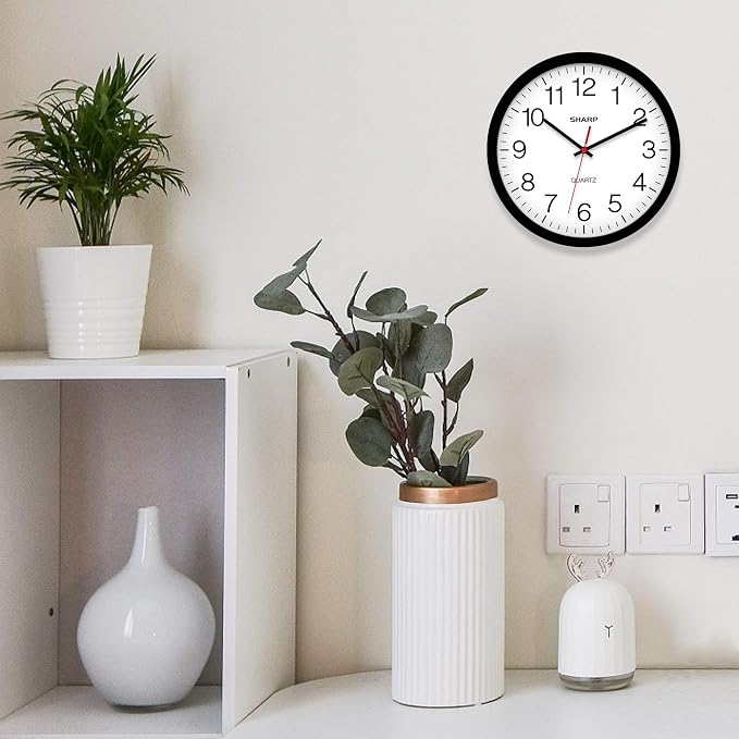 Sharp Wall Clock – Black, Silent Non Ticking 12 Inch Quality Quartz Battery Operated Round Easy to Read Home/Kitchen/Office/Classroom/School Clocks, Sweep Movement (Pack of 4)