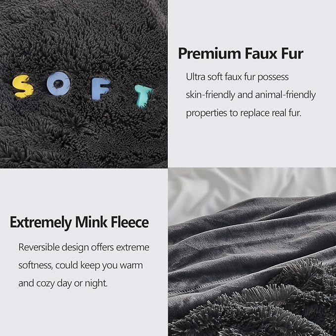 GONAAP Fuzzy Faux Fur Queen Blanket for Couch, Dark Grey, 90"x90" | Warm Cozy Plush Shaggy Decorative Reversible Thick Non-Heated Fleece Blanket for Sofa Bed, Gift for Women Men, All Season Use