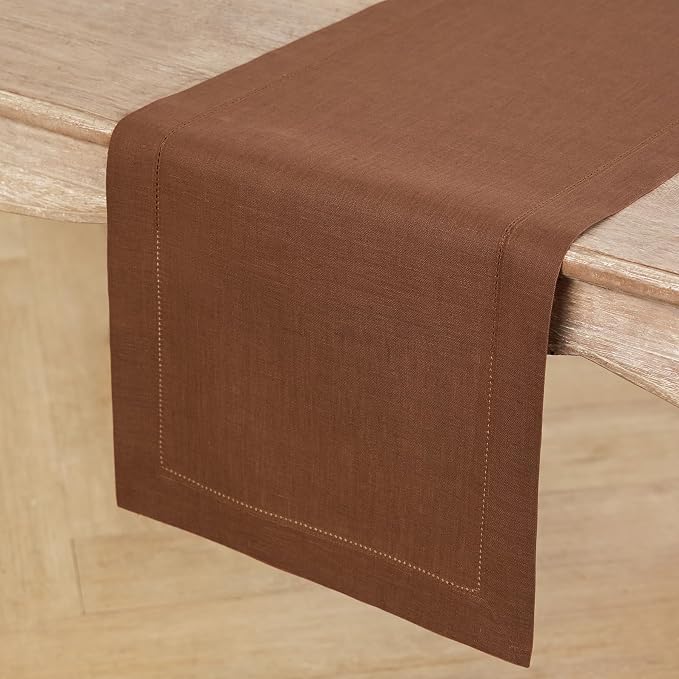 Solino Home 100% Linen Table Runner Brown, Classic Hemstitch 14 x 120 in | dresses up dining tables for everyday meals, hemstitched border, mitered corners, machine washable, Brown, OEKO-TEX Certified