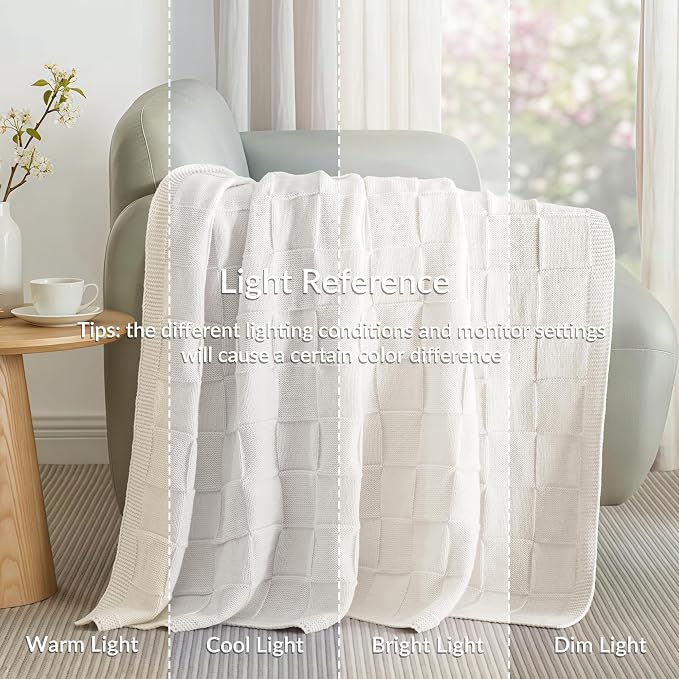 Whale Flotilla Checkered Knit Throw Blanket for Couch, Ivory | Soft Decorative Knitted Blankets for Couch Sofa Bed, Lightweight Cozy Throws for Spring Summer, 60x80 Inch