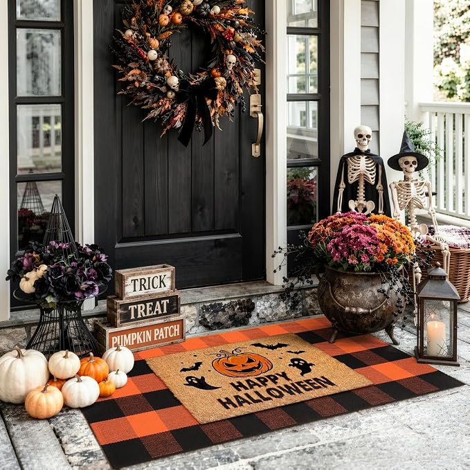 LEEVAN Halloween Layered Outdoor Front Door Mat, Fall Buffalo Plaid Rug | Small 2x4.3 Washable Black and Orange Checkered Entryway Rugs, Woven Cotton Fall Welcome Mat for Spooky Front Porch Kitchen