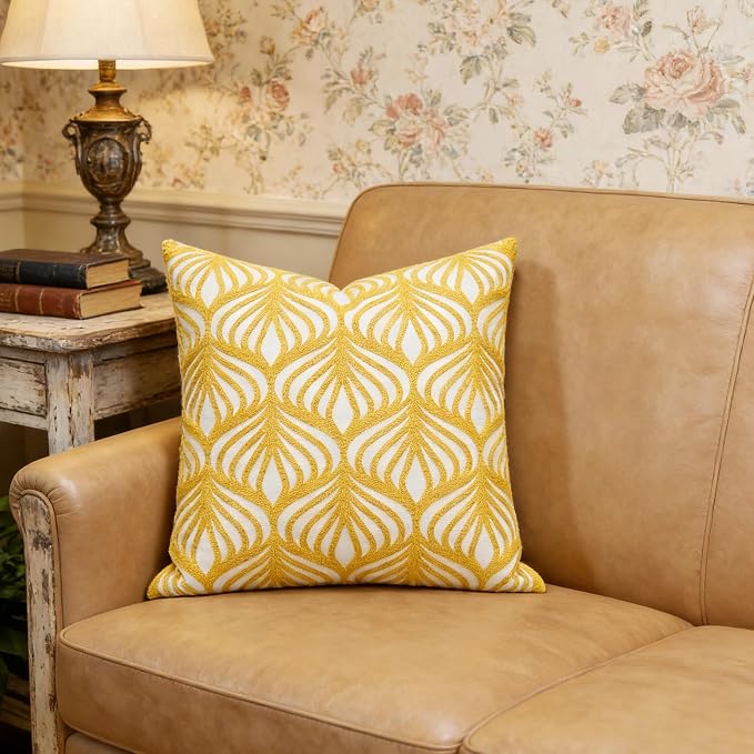 Slow Cow Embroidery Decorative Throw Pillow Cover Case for Couch Sofa Home Decor Modern Geometric Accent Pillow Cushion Cover 18 x 18 Inches Yellow