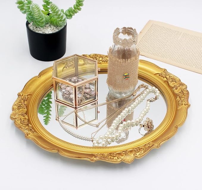 Eaoundm 13.1 x 14.8 inchs Decorative Wall Mirror Oval (Gold) | Vintage Hanging Mirrors for Bedroom Living-Room Dresser Decor